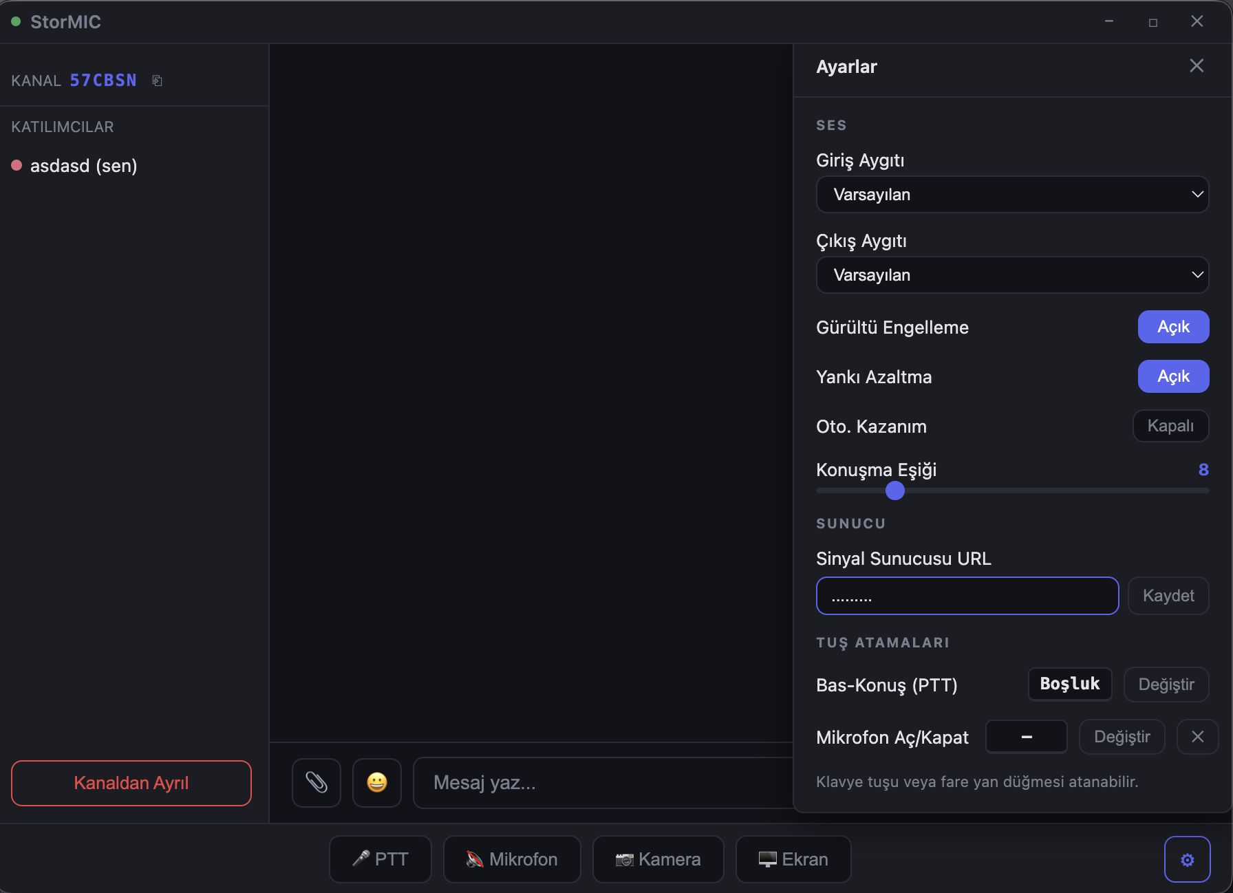 The Settings panel, showing the signaling server URL field
