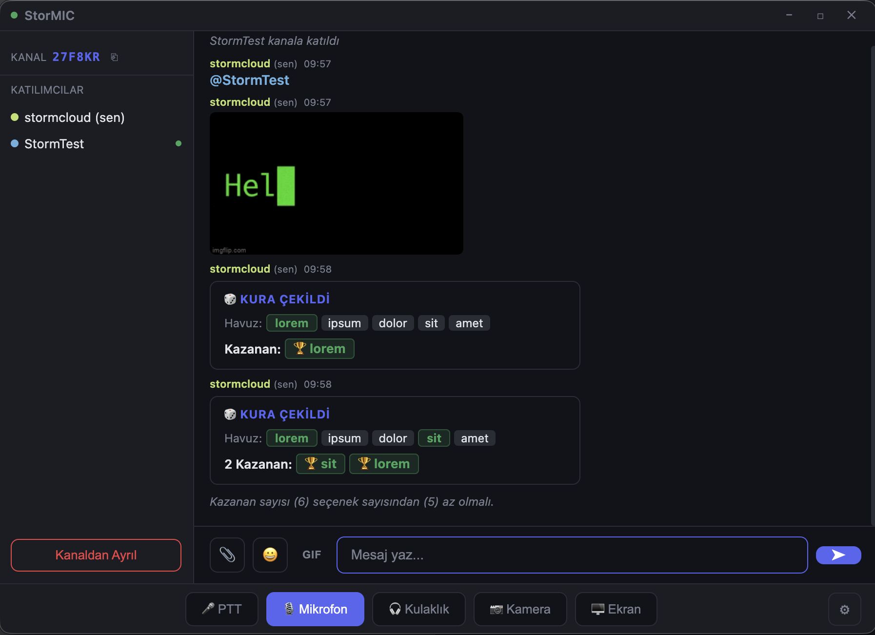 A StorMIC voice channel with two participants and text chat side by side